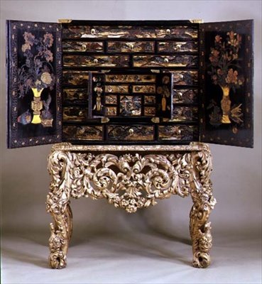 Cabinet on gilt stand, open by Dutch School